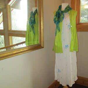 Key Lime Pie Cream Dress with Green Flax Button-Down Vest and Tropical Scarf